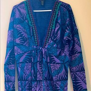Custo Barcelona Blue Purple V-neck Tassel Trimmed Long Sleeve Dress/Coverup Sz 4